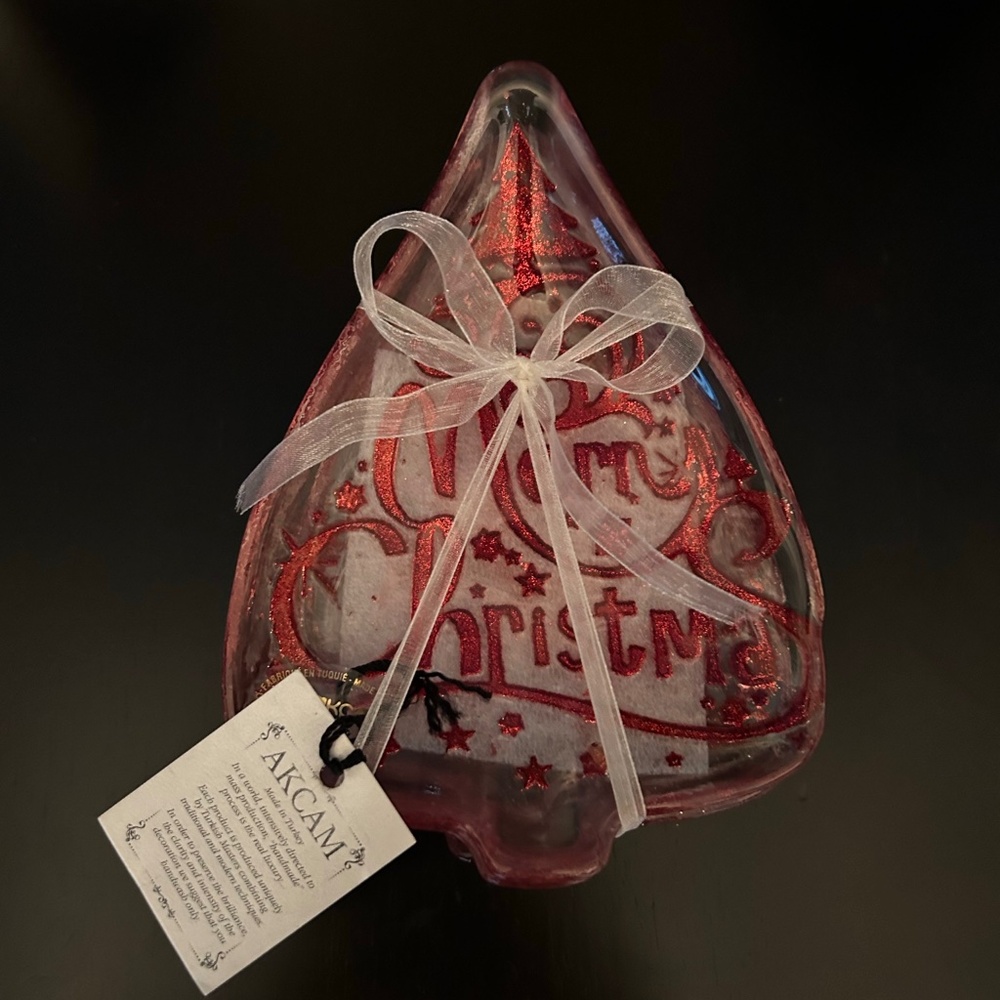 New Artisan Glass Christmas Tree Snack Trays Handcrafted Red/Gold Set Of 4